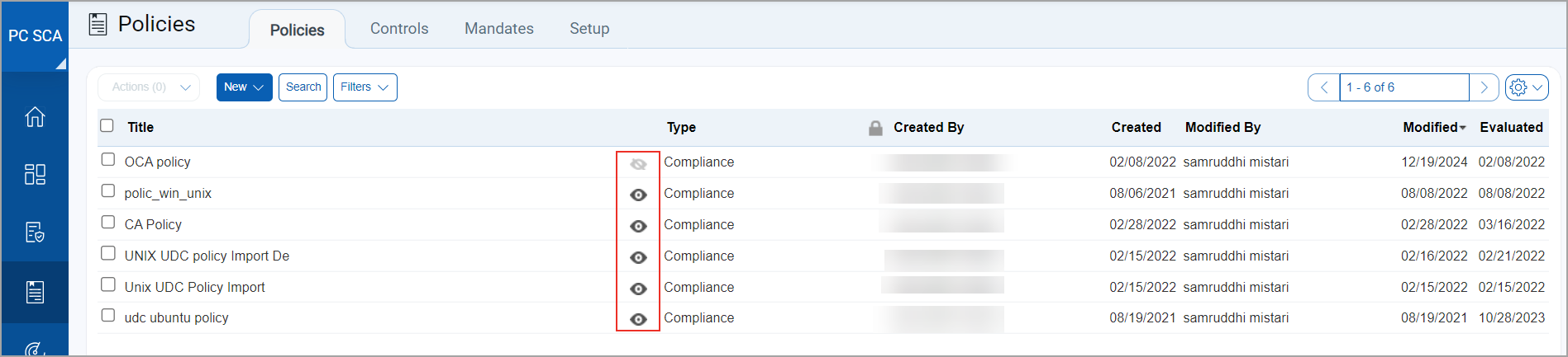 Icons indicating active and deactivated policies.